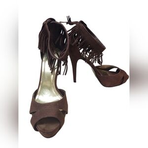 Preloved Ann Michelle Suede Chocolate Fringe Stiletto Heels Size 9